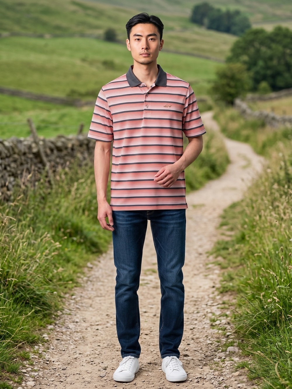 Greg Norman For Tasso Elba Orange Dark Grey Striped Polo Shirt Size L